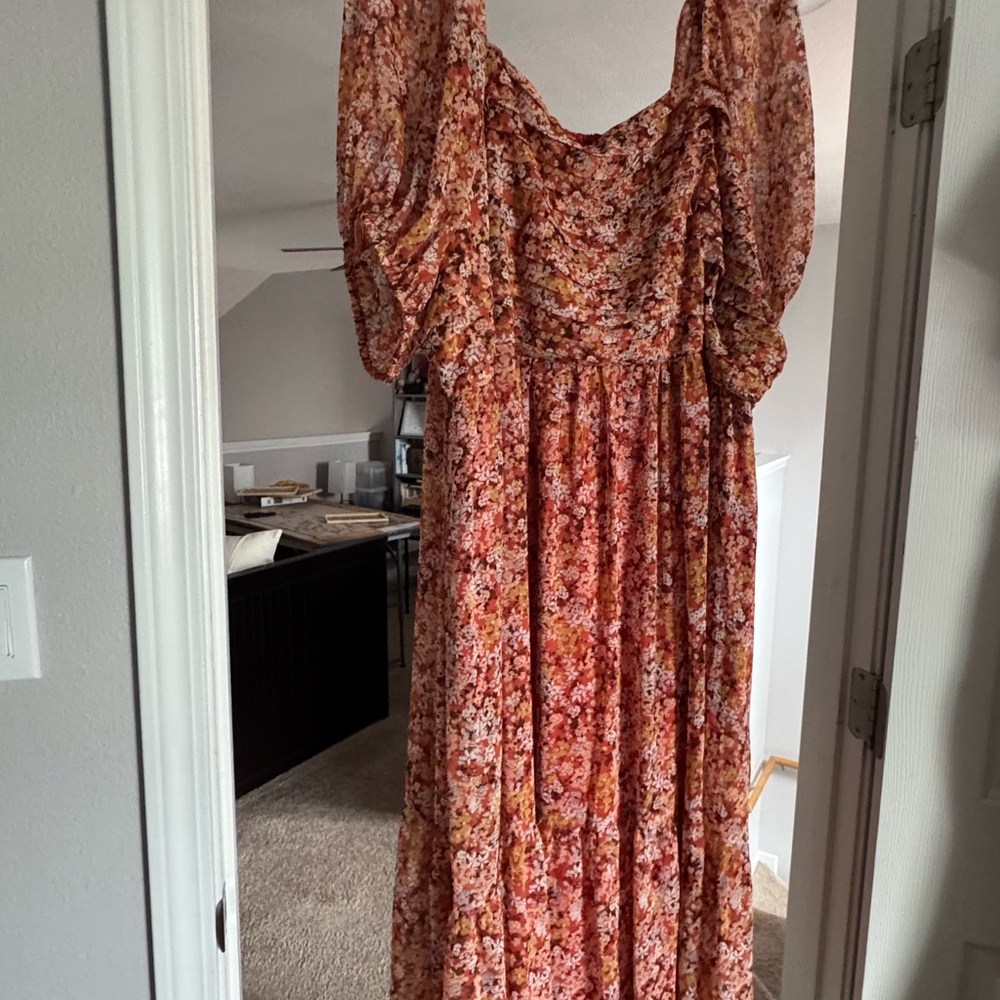 LC Lauren Conrad Red and Orange Floral Midi Dress